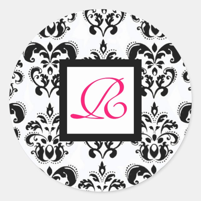  DAMASK MONOGRAM,pink fuchsia Classic Round Sticker (Front)