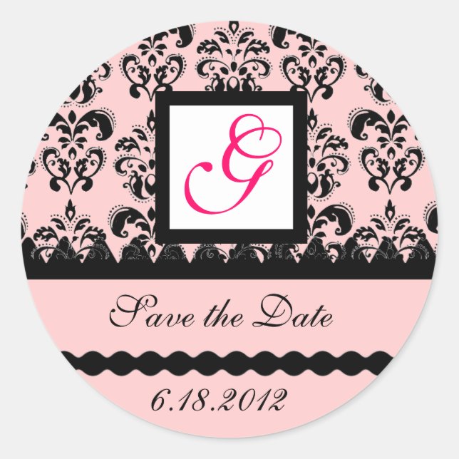 DAMASK MONOGRAM,pink fuchsia Classic Round Sticker (Front)