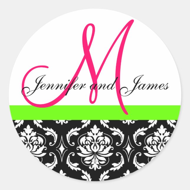 Damask Monogram Pink Green Wedding Sticker (Front)