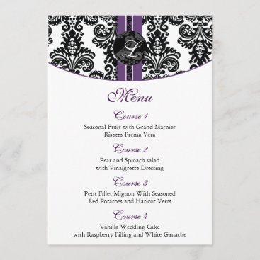 damask monogram purple wedding menu