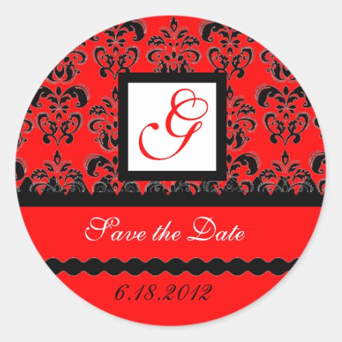 DAMASK MONOGRAM red black white Classic Round Sticker