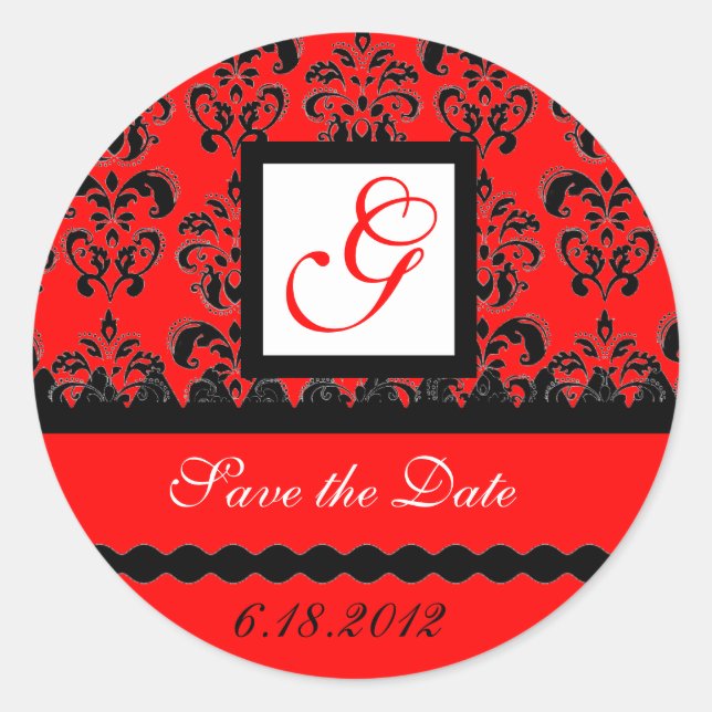 DAMASK MONOGRAM, red black white Classic Round Sticker (Front)