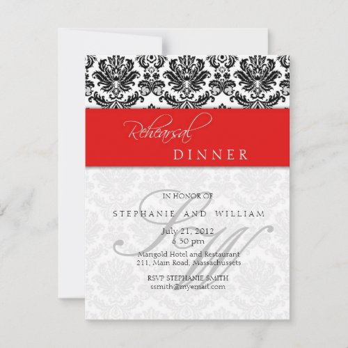 Damask Monogram Rehearsal Dinner Card in Red