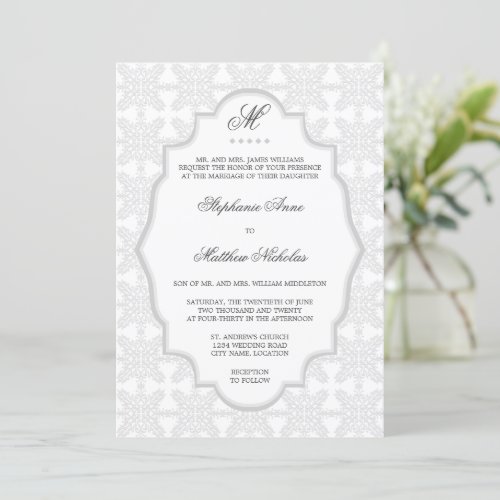 Damask Monogram Silver Gray Wedding Invitation