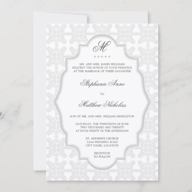 Damask Monogram Silver Gray Wedding Invitation (Front)