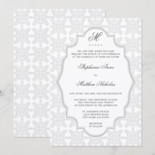 Damask Monogram Silver Gray Wedding Invitation (Front/Back)
