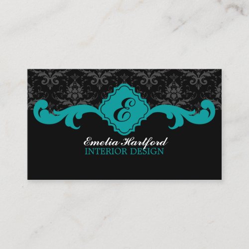 Damask Monogram Teal Business Cards