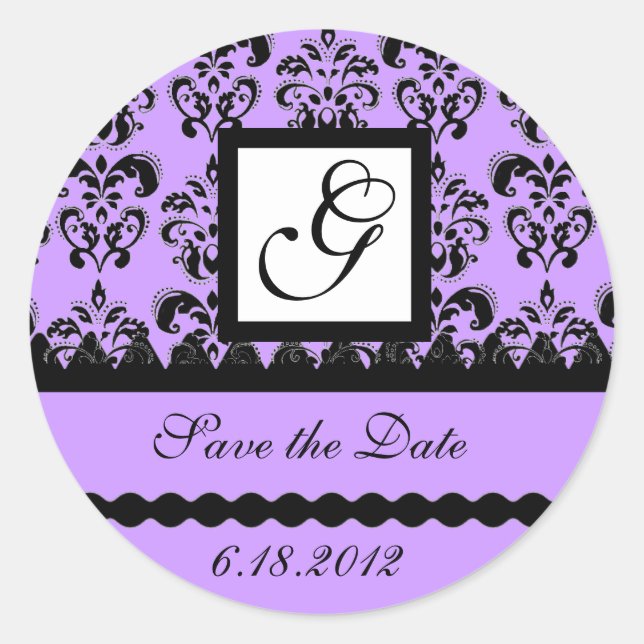 DAMASK MONOGRAM, violet Classic Round Sticker (Front)