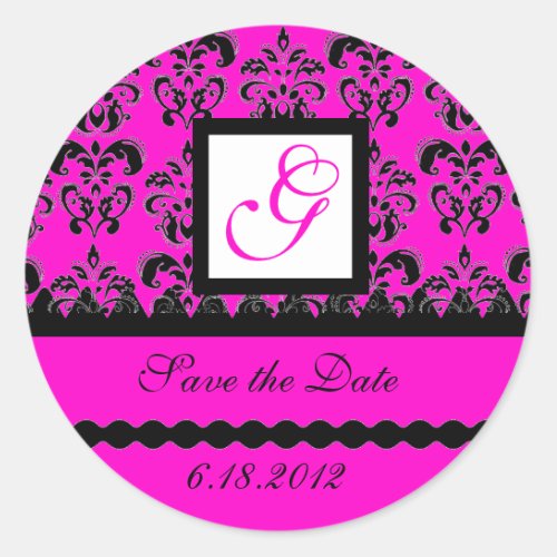 DAMASK MONOGRAM violet fuchsia Classic Round Sticker