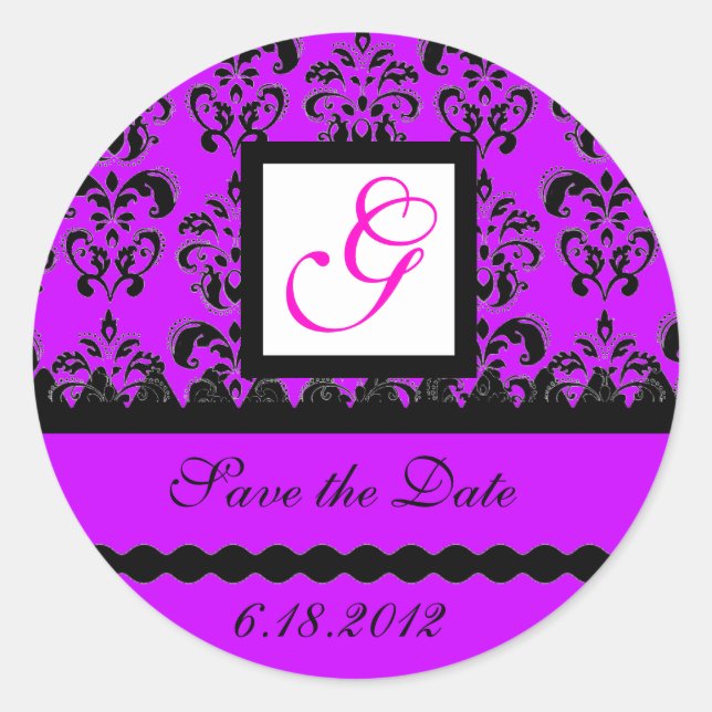 DAMASK MONOGRAM, violet fuchsia purple Classic Round Sticker (Front)