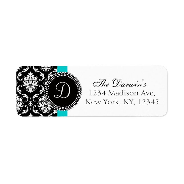Damask Monogram Wedding Address Labels Aqua (Front)