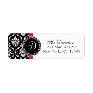Damask Monogram Wedding Address Labels Black Pink