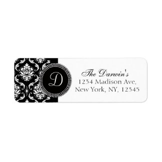 Damask Monogram Wedding Address Labels Black White