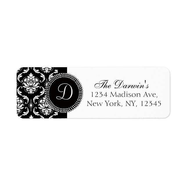 Damask Monogram Wedding Address Labels Black White (Front)