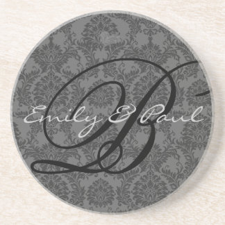 Damask Monogram Wedding Anniversary Coasters