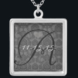 Damask Monogram Wedding Date Anniversary Necklace<br><div class="desc">Wedding Keepsake Wedding Party Necklaces - to change background color - click customize - click edit - choose last tool in drop down menu and choose from one of the colors shown or enter your rgb hex code for your custom wedding color- to change font color select the text you...</div>