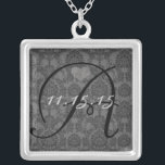 Damask Monogram Wedding Date Anniversary Necklace<br><div class="desc">Wedding Keepsake Wedding Party Necklaces - to change background color - click customize - click edit - choose last tool in drop down menu and choose from one of the colors shown or enter your rgb hex code for your custom wedding color- to change font color select the text you...</div>