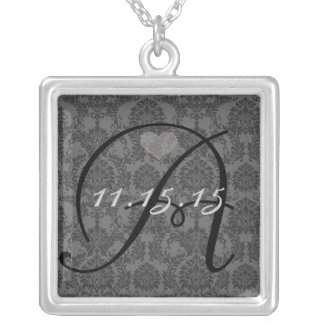 Damask Monogram Wedding Date Anniversary Necklace