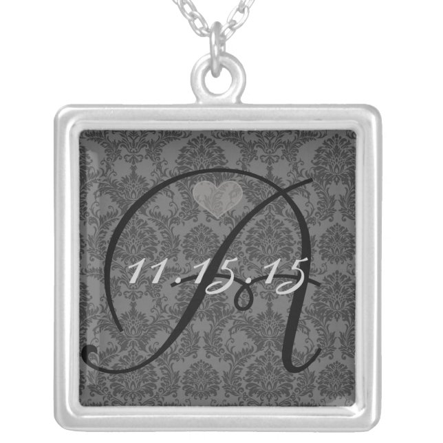 Damask Monogram Wedding Date Anniversary Necklace (Front)