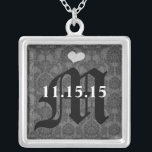 Damask Monogram Wedding Date Anniversary Necklace<br><div class="desc">Wedding Keepsake Wedding Party Necklaces - to change background color - click customize - click edit - choose last tool in drop down menu and choose from one of the colors shown or enter your rgb hex code for your custom wedding color- to change font color select the text you...</div>
