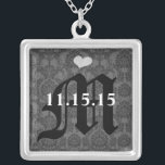 Damask Monogram Wedding Date Anniversary Necklace<br><div class="desc">Wedding Keepsake Wedding Party Necklaces - to change background color - click customize - click edit - choose last tool in drop down menu and choose from one of the colors shown or enter your rgb hex code for your custom wedding color- to change font color select the text you...</div>