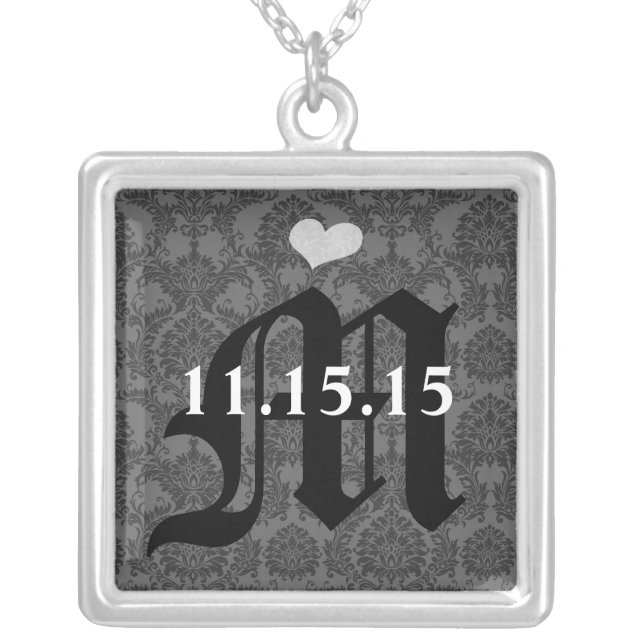 Damask Monogram Wedding Date Anniversary Necklace (Front)