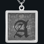 Damask Monogram Wedding Date Anniversary Necklace<br><div class="desc">Wedding Keepsake Wedding Party Necklaces - to change background color - click customize - click edit - choose last tool in drop down menu and choose from one of the colors shown or enter your rgb hex code for your custom wedding color- to change font color select the text you...</div>
