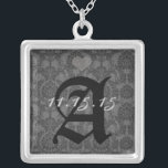 Damask Monogram Wedding Date Anniversary Necklace<br><div class="desc">Wedding Keepsake Wedding Party Necklaces - to change background color - click customize - click edit - choose last tool in drop down menu and choose from one of the colors shown or enter your rgb hex code for your custom wedding color- to change font color select the text you...</div>