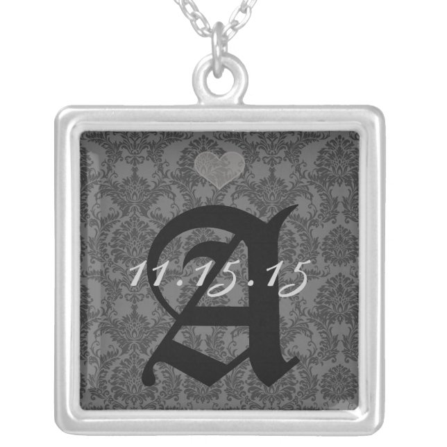 Damask Monogram Wedding Date Anniversary Necklace (Front)