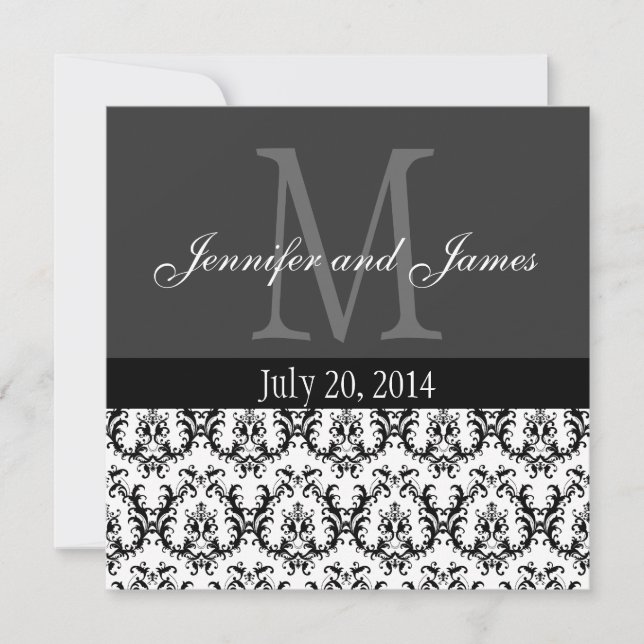 Damask Monogram Wedding Invitation Gray Gray (Front)