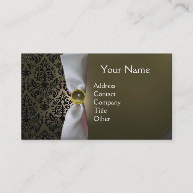 DAMASK MONOGRAM white ribbon black grey Business Card (Front)