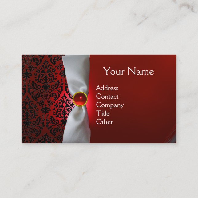 DAMASK MONOGRAM white ribbon black red Business Card (Front)