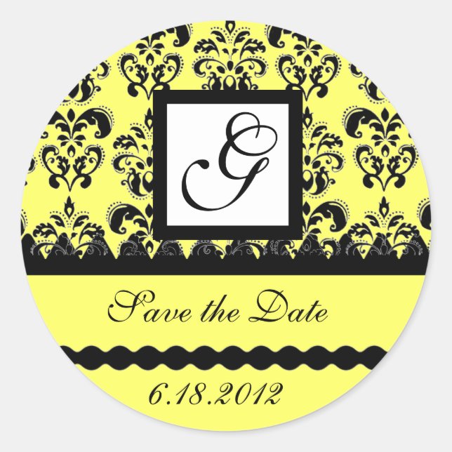 DAMASK MONOGRAM yellow Classic Round Sticker (Front)