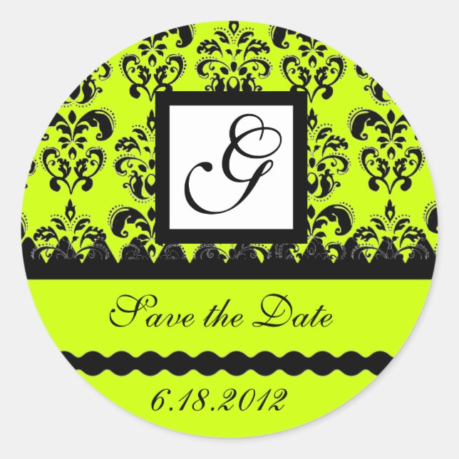 DAMASK MONOGRAM ,yellow green Classic Round Sticker (Front)