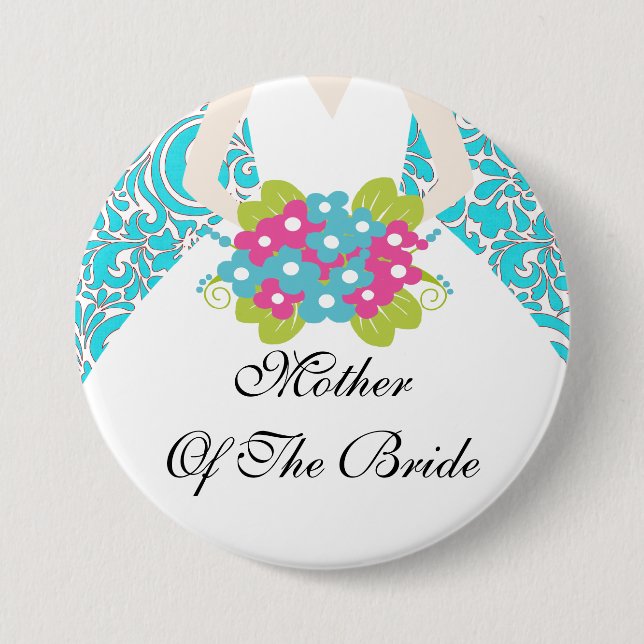 Damask Mother of the Bride Button / Pin Turquoise (Front)