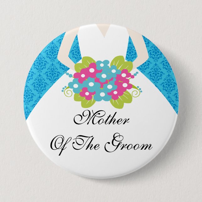 Damask Mother of the Groom Button / Pin Blue (Front)