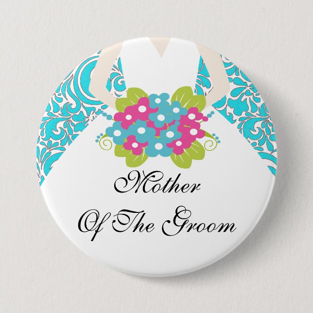 Damask Mother of the Groom Button / Pin Turquoise (Front)