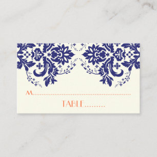 Damask motif navy blue, coral wedding place card