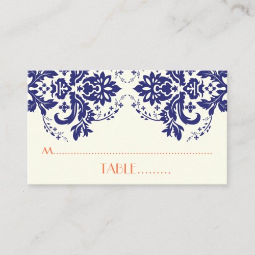 Damask motif navy blue, coral wedding place card business card