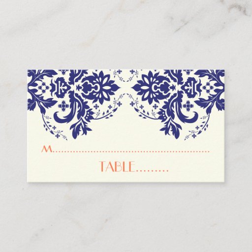 Customizable Damask motif navy blue, coral wedding place card business card