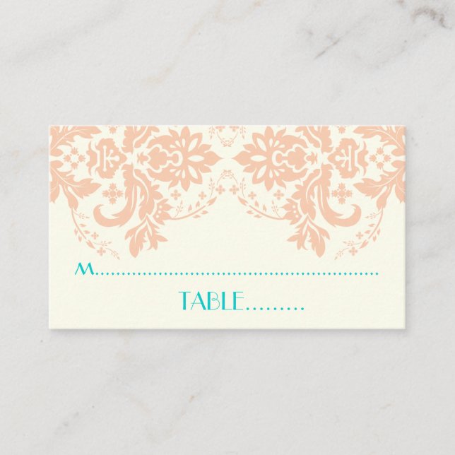 Damask motif peach, aqua, ivory wedding place card (Front)