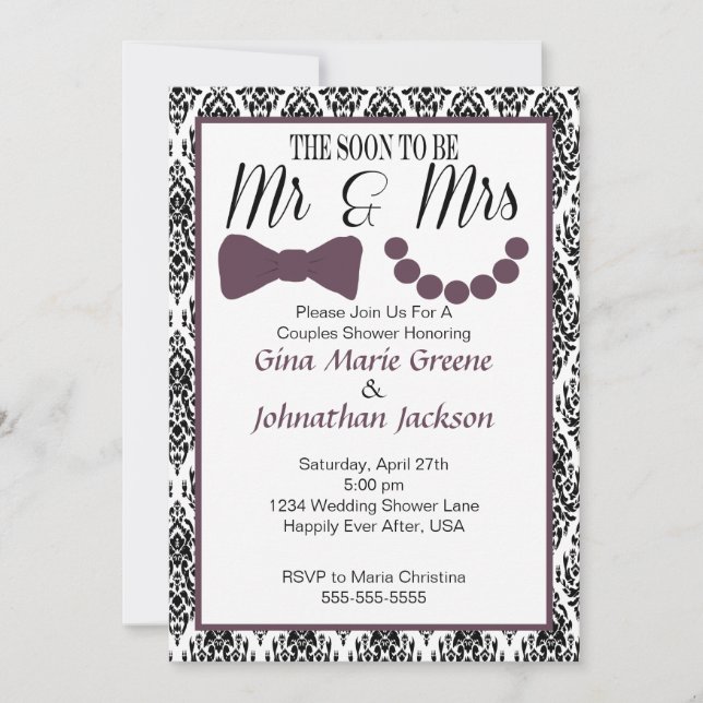 Damask Mr. and Mrs. Shower Invitation (Eggplant) (Front)