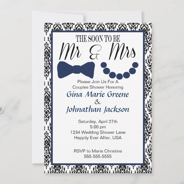 Damask Mr. and Mrs. Shower Invitation (Navy1) (Front)
