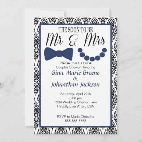 Damask Mr and Mrs Shower Invitation Navy2