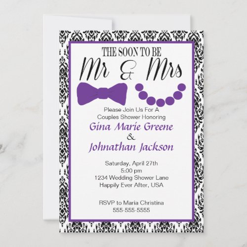 Damask Mr and Mrs Shower Invitation Purple
