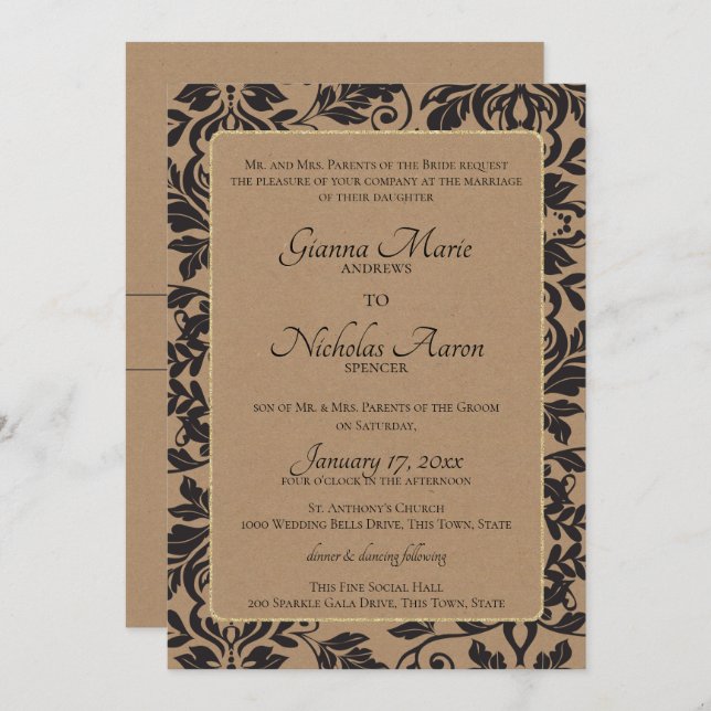 Damask Natural Kraft Brown Wedding Invitation (Front/Back)