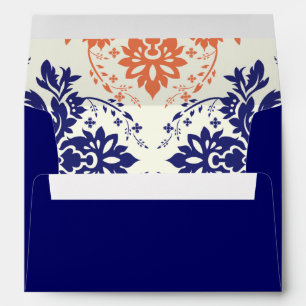 Damask navy blue and coral monogram wedding envelope