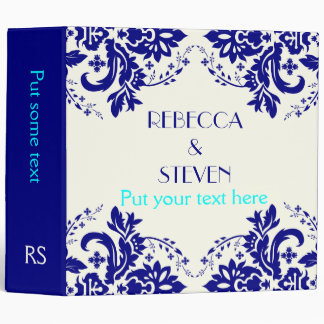 Damask navy blue, aqua, ivory wedding planner binder