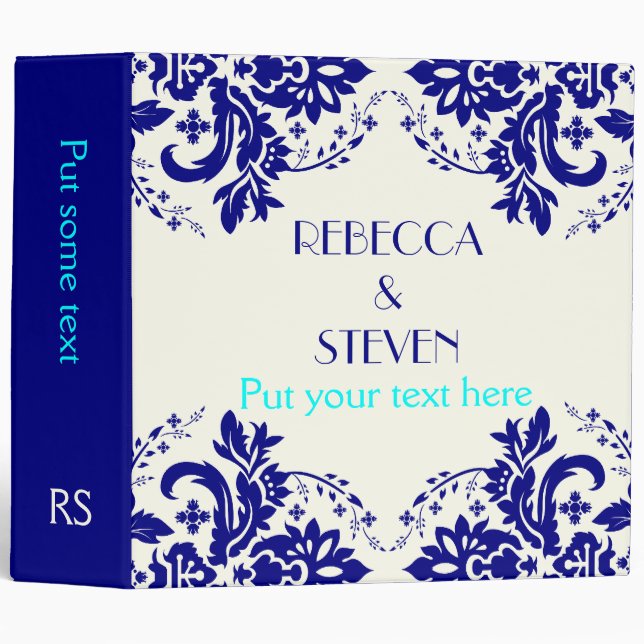 Damask navy blue, aqua, ivory wedding planner binder (Front/Spine)