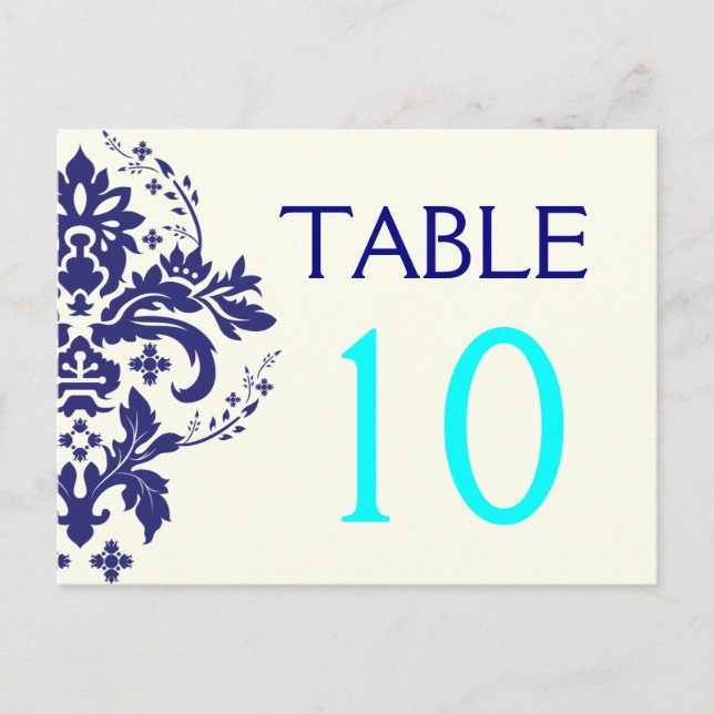 Damask navy blue, aqua wedding table number (Front)